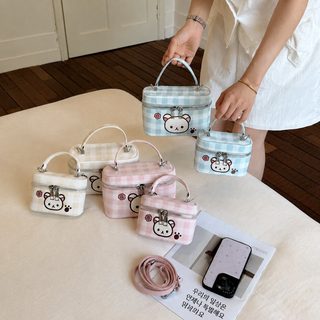 봄 여름 신상 핑크 체크 크로스백 귀여운 곰돌이 캐릭터 핸드백 여자 어린