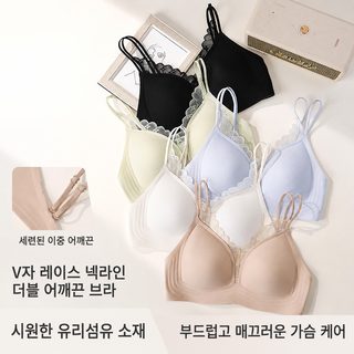 원판 초박형 차가운 느낌 히알루론산 레이스 깊은 V 흔적 없는 속옷 여자 얇은 모이는 젖꼭지 접착제 무강권 문 브래지어
