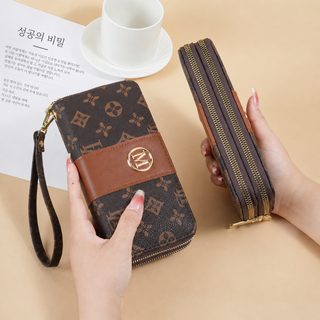 신형 빈티지 더블 지퍼 지갑 여성 롱 프린트 접합 클러치 여러 카드 위치 핸