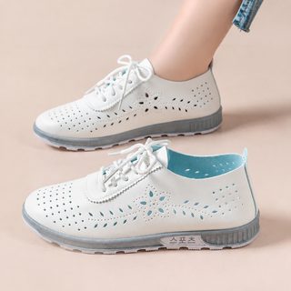 여성 여름 메쉬 펀칭 레이스업 화이트 스니커즈 PU 가죽 경량 통기성 캐주얼