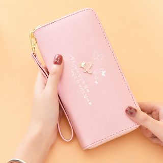 패션 여성 클러치 손목밴드 대용량 더블 지퍼 롱 지갑 프린트 나비카드 잔