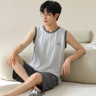 남성 모달 여름 민소매 반바지 잠옷 세트 얇은 홈웨어 외출복