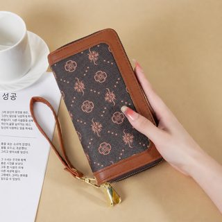 여성 롱지갑 더블 지퍼 대용량 카드수납 플라워 복고 손목형 클러치 핸드폰