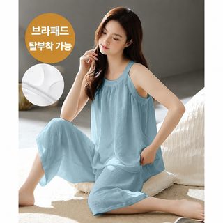 여성 여름 잠옷 세트 통기성 구름면 끈나시 브라패드 7부 바지 홈웨어