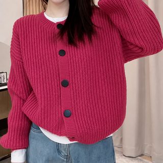 여성 가을 겨울 루즈핏 라운드넥 니트 가디건 키작녀 단색 버튼 긴팔 스웨