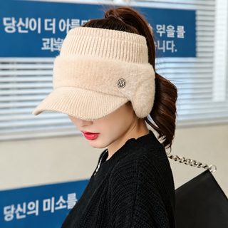 网红帽子女秋冬新款兔毛毛线帽加绒针织空顶鸭舌帽护耳保暖棒球帽