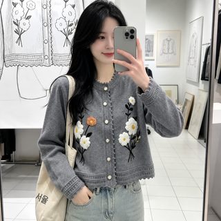 가을 겨울 신상 상큼 달콤 바람 나이 빼기 자수 니트 카디건 상의 한국계 꽃