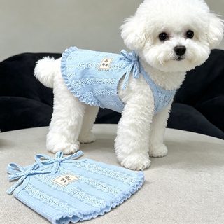 여름 강아지옷 얇은 복고풍 리본 펀칭 통기성 끈나시 조끼 소형견 비숑 푸