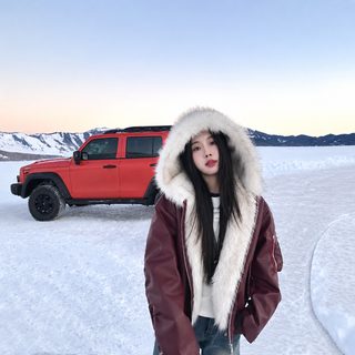 外贸保暖加厚PU皮大毛领座山雕连帽棉服女国潮宽松短款夹克外套冬