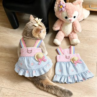 고양이 치마 봄여름 서양식 무지개 줄무늬 끈 치마 귀여운 인형 고양이 금