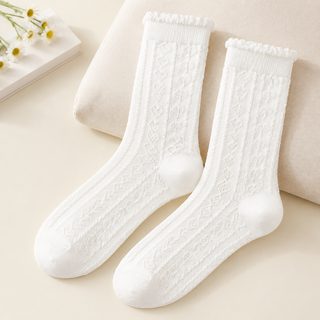 아청자 여성용 화이트 펀칭 면 중목 양말 통기성 좋은 무봉제 주름 패션양