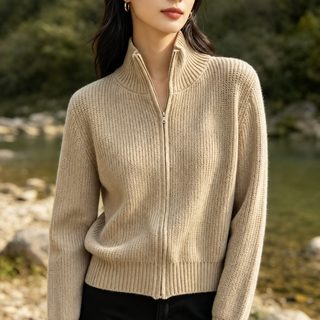여성 골지 니트 집업 가디건 스탠드칼라 퍼프소매 루즈핏 키작녀 가을 겨울