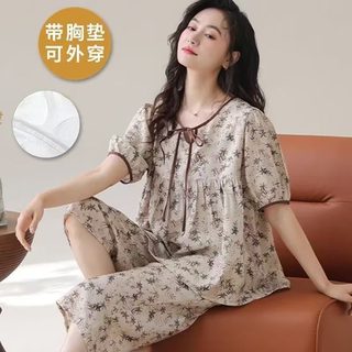 가슴 패드 여성 여름 잠옷 세트 반팔 7부 바지 구름솜 홈웨어