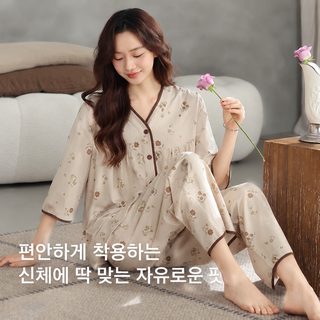 여성 여름 7부 소매 9부 바지 잠옷 세트 빅사이즈 가슴 패드 홈웨어
