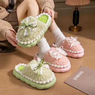 여성 리본 털 슬리퍼 가을 겨울 실내외 겸용 두꺼운 밑창 방한 미끄럼방지