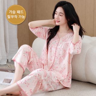 브라패드 내장 여성 여름 잠옷 홈웨어 세트 빅사이즈 루즈핏 7부 소매 9부