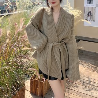 빅사이즈 여성 프렌치 V넥 니트 가디건 가을겨울 루즈핏 허리끈 두꺼운 스