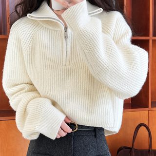 주량 한국계 가을 겨울 신상 크로스보더 반지퍼 니트 코트 순색 서양식 칼라 상의 스웨터