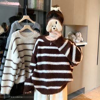 박색 줄무늬 커버 스웨터녀 나른한 바람 라운드 가을 겨울 백합 헐렁헐렁