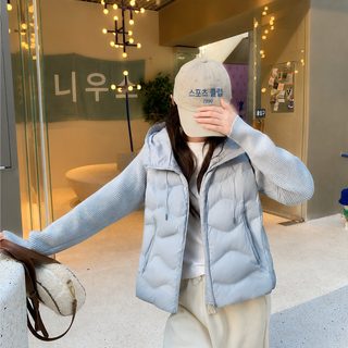대외무역 남색 니트 접합 후드 갈비 솜옷 여자 가을 겨울 2026 신형 얇고 가
