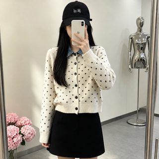 잉어외파점 여성 데님 배색 폴로 니트 가디건 긴소매 프리사이즈