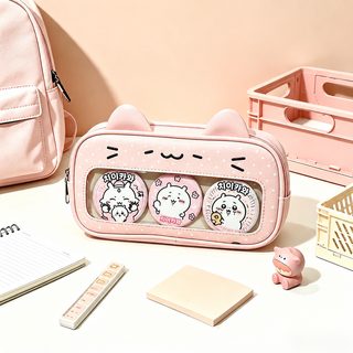 도트 아이보리 고양이 필통 귀여운 고양이 귀 대용량 학생 문구 수납 파우