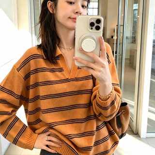 현물 실사 폴로 칼라 스트라이프 니트 여자 가을 신상 헐렁헐렁 캐주얼 나른해 날씬해 보이는 스웨터