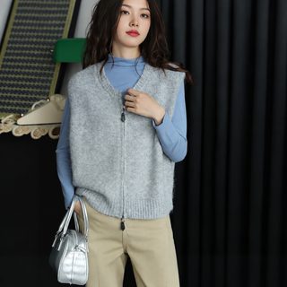 니트 조끼 여자 가을 겨울 신상 모직 질감 더블 지퍼 민소매 외투 백합 겉옷