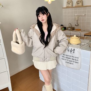 남녀공용 겨울 단색 루즈핏 후드 패딩 점퍼 상어 아가미 입체장식 토끼털