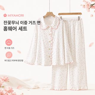 A류 100% 면 여성 춘추 순면 거즈 잠옷 세트 상큼한 플라워 목이버섯 레이스