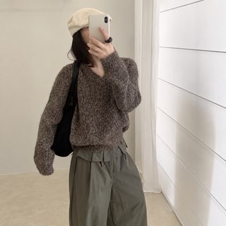 한국계 빈티지 화사 V넥 니트 블라우스 가을 겨울 신상 패션 백합 나른한 분
