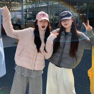 여성 스탠드넥 배색 숏패딩 겨울 경량 누빔 솜패딩 데일리 재킷