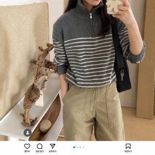 프렌치 빈티지 터틀넥 세미 지퍼 스트라이프 스웨터 여성 가을 겨울 부드럽