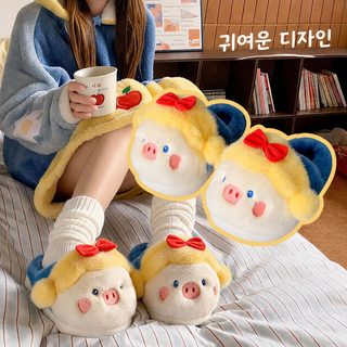 Patti Duck 백설돼지 카툰 여성 겨울 토끼털 두꺼운 털 슬리퍼 산후 실내화