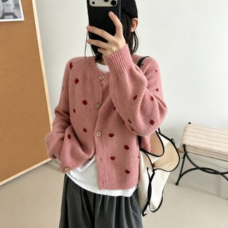 여성 도트 라운드넥 니트 가디건 루즈핏 배색 긴팔 단추 카디건 가을 겨울