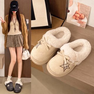 면 슬리퍼 홈 리본 겨울 가모 보온 두꺼운 바닥 면 신발 여성 오각별 슬리퍼