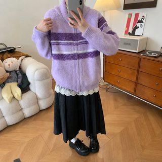 빈티지 컬러 스트라이프 반터틀넥 지퍼 카디건 소프트 찰기 잡색 루즈핏 나