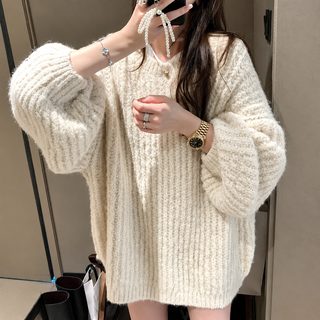 나른한 바람 헐렁헐렁 부드러운 찹쌀 라운드 랜턴 소매 스웨터 여자 가을 겨울 신상 순색 세로 구덩이 큰 사이즈 니트