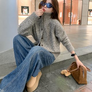 현물 실사 가을 겨울 신상 기품 칼라 한국계 나른한 스웨터 외투 여자 백합 날씬해 보이는 니트 가디건
