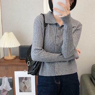 2026 신상 솔리드 골지 니트 카디건 폴로 칼라 긴팔 데일리 스웨터
