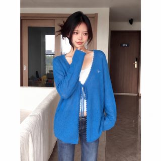 2026 신상감 블루 펀칭 니트 카디건 여성 봄여름 자외선 차단 에어컨 셔츠 예쁜 기질 상의