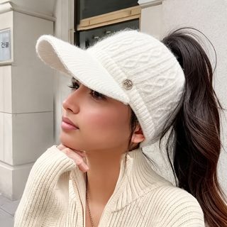 网红帽子女秋冬新款兔毛毛线帽加绒针织空顶鸭舌帽护耳保暖棒球帽