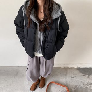 여성 겨울 후드 숏패딩 경량 솜패딩 레이어드 스타일 보온 푸퍼 재킷