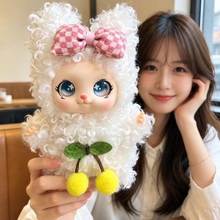 곱슬털 곰인형 20cm 체크 리본 봉제인형 키링 가방 장식 선물