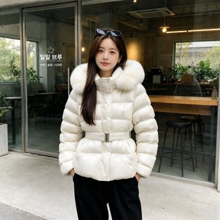 여성 겨울 후드 패딩 점퍼 탈부착 퍼 칼라 벨트 허리 보온 캐주얼 외투
