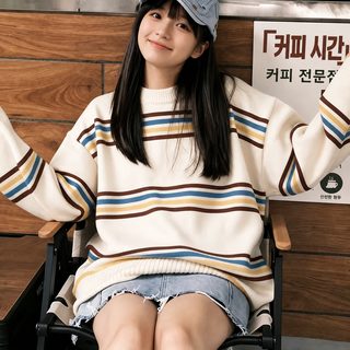분위기감 빈티지 컬러 박색 스트라이프 스웨터녀 나른한 바람 부드럽고 찰