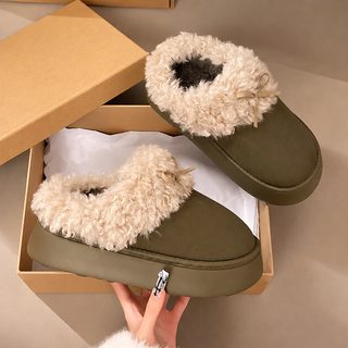 여성 겨울 털 슬리퍼 키높이 두꺼운 밑창 리본 보온 실내외 방한 뮬