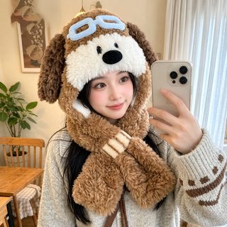 비행 강아지 2026 신형 털모자 목도리 일체녀 겨울 털갈이 두꺼운 방한 보온