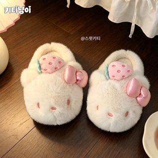 여성 겨울 딸기 Kitty 캐릭터 털 슬리퍼 미끄럼 방지 보온 실내화