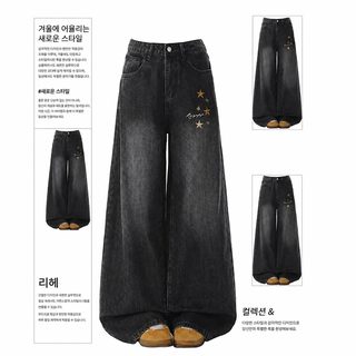 블랙 자수 와이드 팬츠 여자 가을 2026 신상 헐렁헐렁 날씬해 보이는 배모양